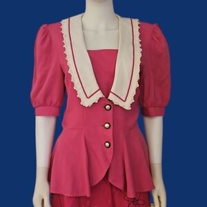 Vtg GREGORY DESIGNS 1980s Pink Cottage Colonial Peplum Button Down Shirt